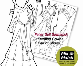 Fantasy Princess Printable Paper Doll- Mix & Match Digital Paper Doll Coloring Page- Dress Up Doll- Medieval Fantasy Paper Doll Download