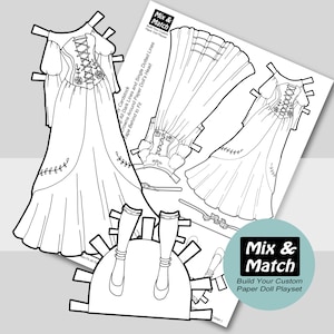 Fairy Tale Princess Gowns Coloring Page- Mix & Match Digital Paper Doll Download- Printable Paper Doll Clothing- Paper Doll to Color