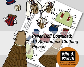 Steampunk Paper Doll- Mix & Match Digital Paper Doll Clothing Download- Printable Paper Doll Coloring Page- Steampunk Paper Doll Fashions