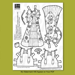May include: Black and white printable paper doll with a long, flowing dress and a floral pattern. The doll is ready to be colored and cut out. The paper doll includes a dress, head, and shoes.