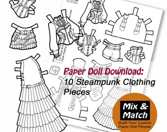 Streampunk Coloring Page- Steampunk Doll Costumes- Printable Paper Doll- Steampunk Clothing- Dress Up Doll