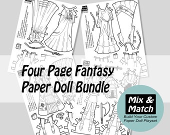 Mix & Match Fantasy Paper Doll Clothing Bundle- Printable Paper Doll- Coloring Book PDF - Digital Download