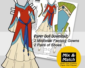 Könnte beinhalten: Ein druckbarer Papierpuppen-Set mit zwei mittelalterlichen Fantasy-Kleidern und zwei Paar Schuhen. Die Kleider sind rot, blau und weiß mit aufwendigen Details. Die Schuhe sind braun und weiß. Das Papierpuppen-Set trägt den Titel "Mix & Match: Erstelle dein eigenes Papierpuppen-Spielset".