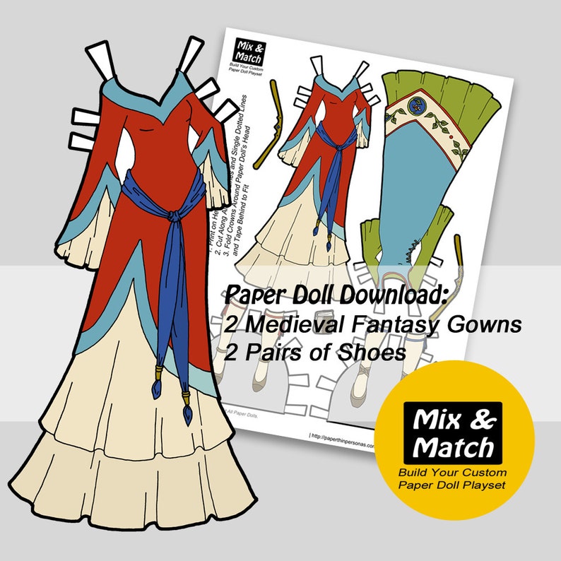 Medieval Princess Printable Paper Doll Medieval Dresses for Paper Dolls Digital Download Fantasy Kids Crafts image 1