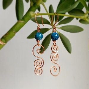Blue Apatite Copper Earrings: Spiral Wire Wrapped Dangle, Handmade