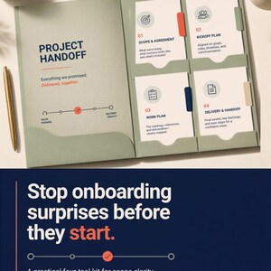 May include: A sage green project handoff folder containing four white cards labeled 01 Scope & Agreement, 02 Kickoff Plan, 03 Work Plan, and 04 Delivery & Handoff. The folder features a timeline graphic and text reading Project Handoff and Stop onboarding surprises before they start.