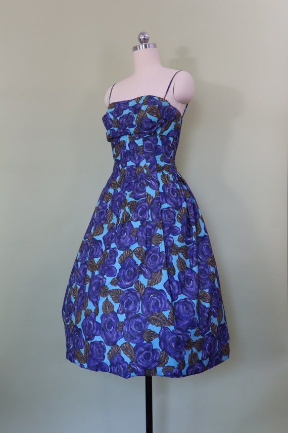 1950s Frank Usher dress • purple blue rose floral… - image 3