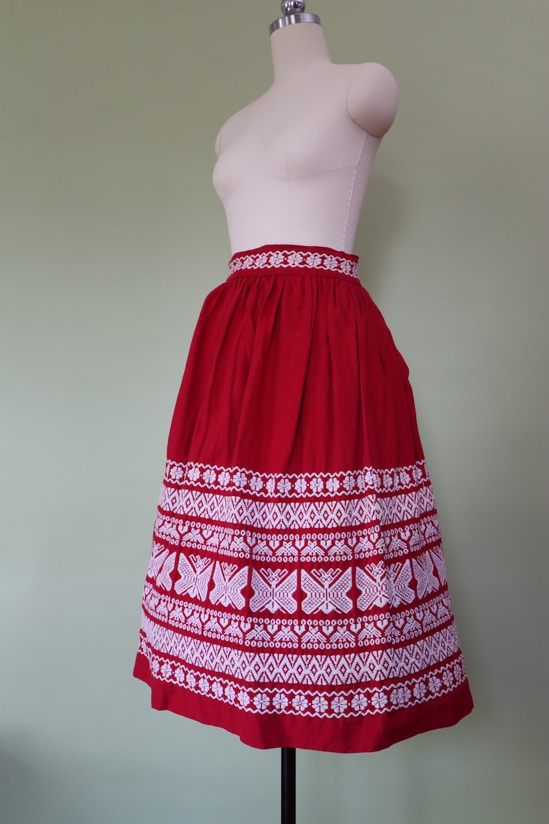 butterfly print embroidery folk midi skirt made in Guatemala 1950s red cotton circle skirt