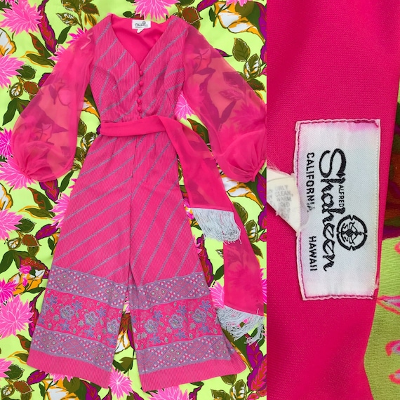 Alfred Shaheen hot pink jumpsuit, paisley print, b