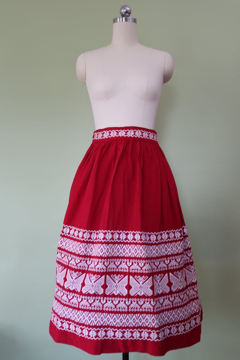 butterfly print embroidery folk midi skirt made in Guatemala 1950s red cotton circle skirt