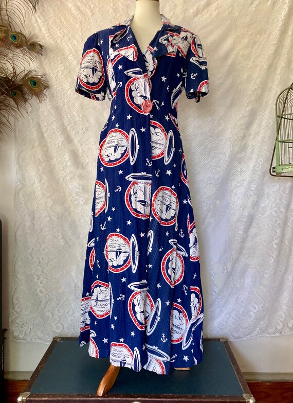 1940s seersucker cotton house dress with nautical sai… Gem