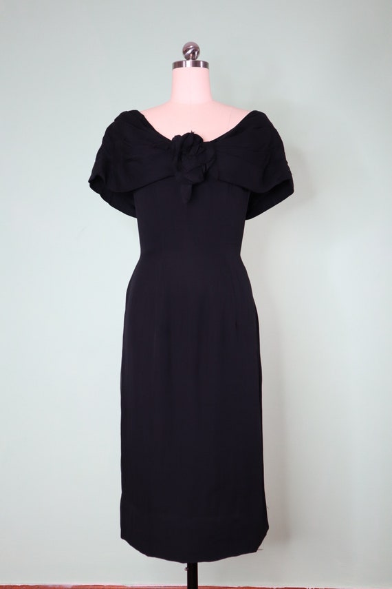 1950s Suzy Perette black dress, silk chiffon, ros… - image 2