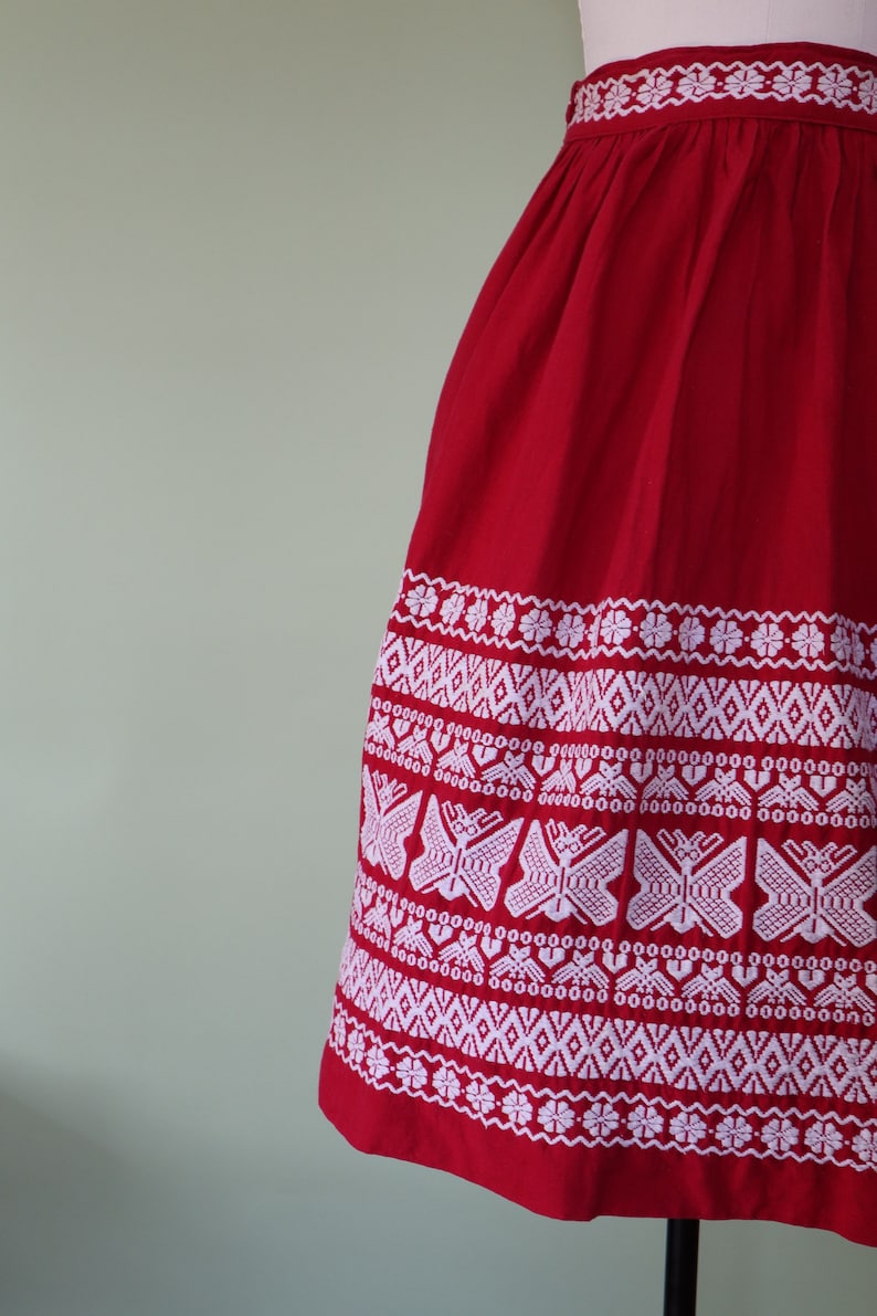 butterfly print embroidery folk midi skirt made in Guatemala 1950s red cotton circle skirt