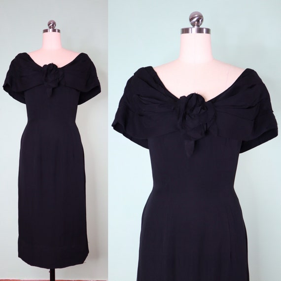 1950s Suzy Perette black dress, silk chiffon, ros… - image 1