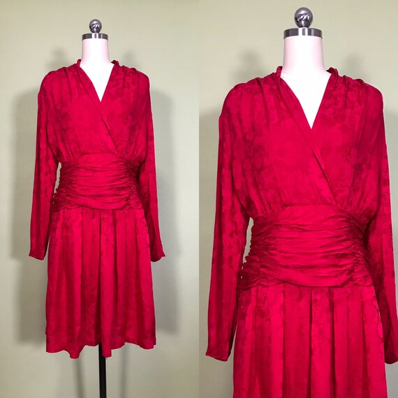 1980s red dress, rose brocade, ruched waist, long