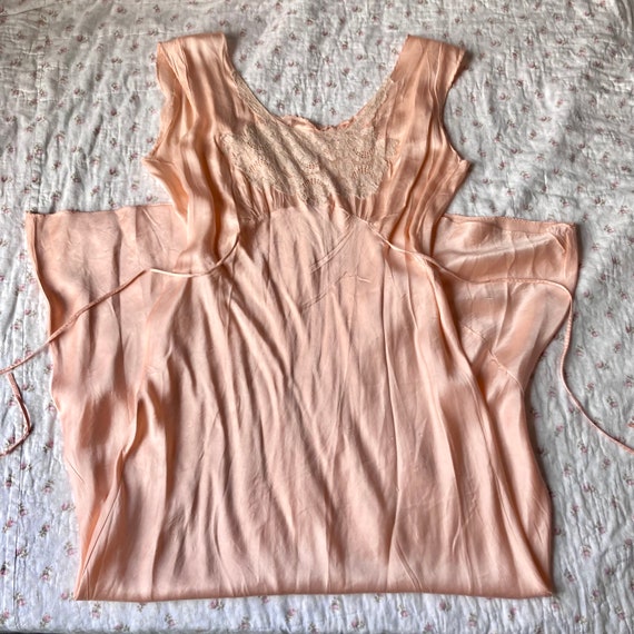 1930s silk slip dress, bias cut, pink, floral lac… - image 1