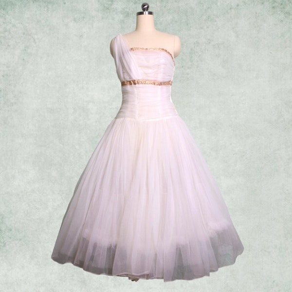1950s white dress, fit & flair, full circle skirt, one shoulder, chiffon, gold, Greek, Fred Perlberg, Vintage wedding, ballet, tutu, evening