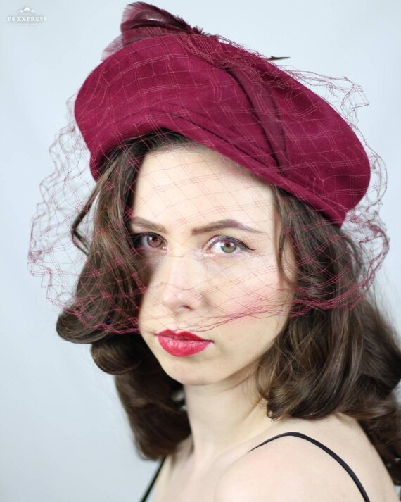 1940s hat • halo hat • burgundy • wool • veil • fe