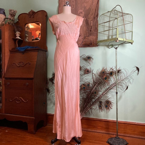 1930s silk slip dress, bias cut, pink, floral lac… - image 2