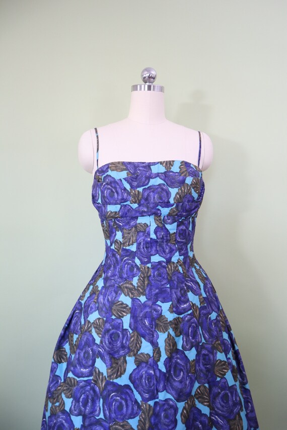 1950s Frank Usher dress • purple blue rose floral… - image 7