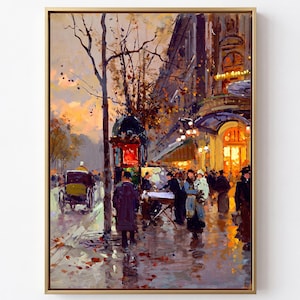 May include: An impressionist oil painting in a gold frame depicting a busy city street at dusk. Figures walk along a wet sidewalk near a glowing building entrance and a horse-drawn carriage. The scene features warm yellow and orange light.