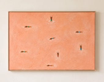 100% Hand Painted | Abstract Swimmers Bright Pink Pool Oil Painting | Non-reflective 3D Impasto Wall Art | Living Room Decor Gift