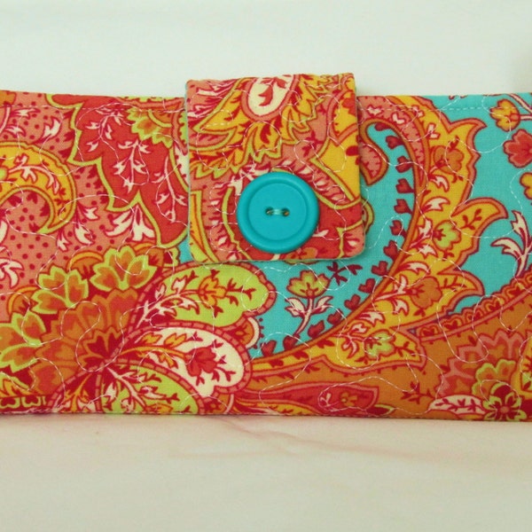 Quilted Woman’s Wallet,  Orange Paisley and Teal decorative Button, snap, Phone pocket, Zipper Pocket, Six card slots, Bifold, Handmade