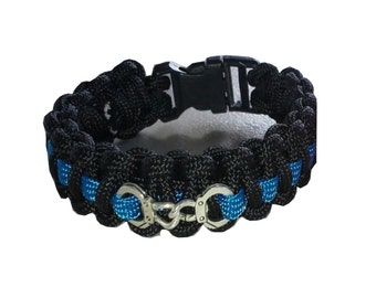 Police Thin Blue Line Paracord Bracelets with Silver Handcuffs Handmade