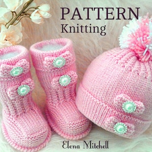 May include: Pink knitted baby hat and booties with white pom pom and pearl embellishments. The hat and booties have a bow design. The image text reads "PATTERN Knitting".