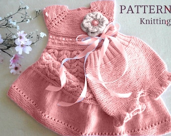 MOTIF de robe pour bébé en tricot Couvre-couche en tricot Robe de baptême Robe de baptême pour bébé Bloomer pour bébé Pantalon pour bébé en tricot MOTIF en anglais