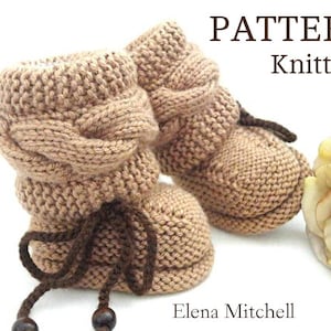 May include: Knitting pattern for brown baby booties with a braided design and brown laces. The pattern is titled "PATTERN Knitting" and is by Elena Mitchell.