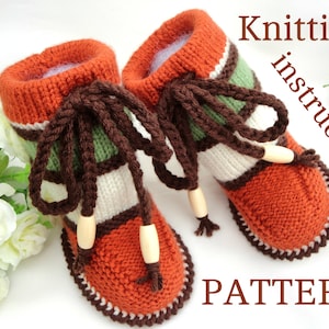 May include: Knitting pattern for striped baby booties with brown laces and wooden beads. The booties are orange, green, white, and brown.