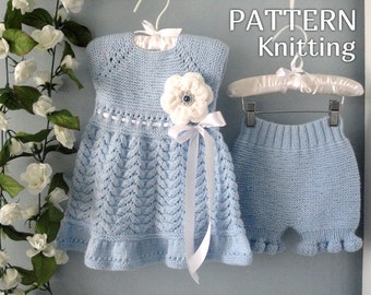 Patron de tricot Robe bébé Couvre-couche tricoté Robe de baptême Robe de baptême bébé Bloomers Pantalon bébé tricoté PATTERN en anglais