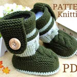 May include: A knitting pattern for green and white baby booties with a button. The pattern is available as a PDF download. PATTERN Knitting PDF