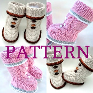 May include: Two pairs of knitted baby booties, one pair in pink and one pair in beige. The booties have a cable knit pattern and a button detail. The word "PATTERN" is written in large pink letters across the bottom of the image.