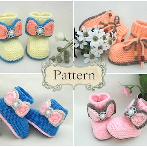 May include: Four pairs of knitted baby booties with different colors and embellishments. The booties are made with a soft yarn and have a comfortable fit. The booties are decorated with bows, beads, and other embellishments.