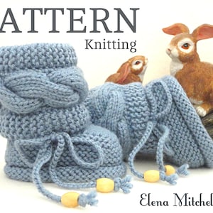May include: Knitting pattern for baby booties with a cable knit design and a blue color. The booties have a lace-up closure and wooden beads. The pattern is titled "Knitting" and the designer's name is "Elena Mitchell".