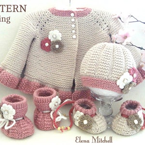 May include: A cream and pink knitted baby set, featuring a cardigan, hat, and booties, decorated with flower details. The image includes the text "PATTERN Knitting" and "Elena Mitchell". The set is designed for a baby.