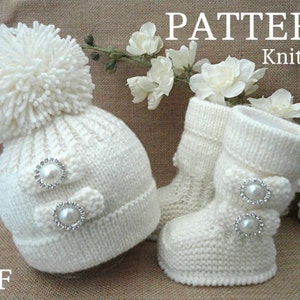 May include: Knitting pattern for a white baby hat and booties with pearl embellishments. The pattern is available as a PDF download.  PATTERN Knitting.