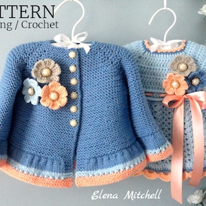 May include: A blue knitted cardigan with a ruffled hem and a crocheted dress with a pink ribbon. Both garments feature floral embellishments.