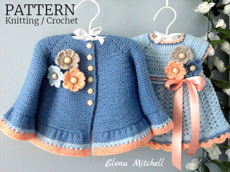 May include: A blue knitted cardigan with a ruffled hem and a crocheted dress with a pink ribbon. Both garments feature floral embellishments.