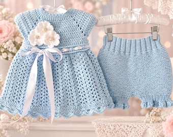 Crochet Baby Dress and Knit Bloomers, Baby Girl Outfit, 0–12 Months, Pattern PDF
