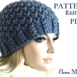 May include: Knitting pattern PDF for a blue knitted hat. The pattern is called "PATTERN Knitting PDF" and is by Elena Mitchell.