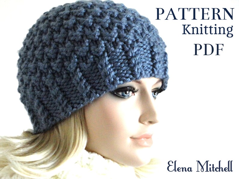 May include: Knitting pattern PDF for a blue knitted hat. The pattern is called "PATTERN Knitting PDF" and is by Elena Mitchell.