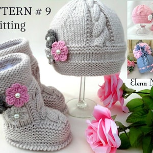 May include: A knitting pattern for a baby hat and booties. The hat and booties are gray with pink and gray flowers. The pattern is called "PATTERN # 9 Knitting".