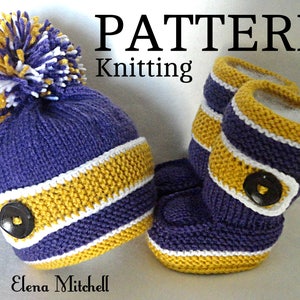 May include: Knitting pattern for a purple and gold baby hat and booties with white stripes and pom pom. The pattern is called "PATTERN Knitting".