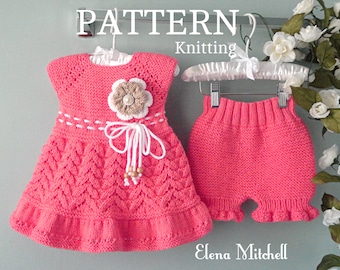 Patron de tricot Robe bébé Couvre-couche tricoté Robe de baptême Robe de baptême bébé Bloomers Pantalon bébé tricoté PATTERN en anglais