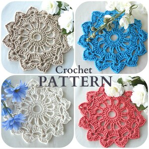 May include: Four crocheted doilies in different colors: beige, blue, white, and coral. The doilies have a delicate, lacy design with a central circle and a starburst pattern.