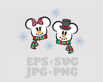May include: A festive illustration featuring two snowman-themed Mickey Mouse heads. One wears a red bow, the other a top hat. Both have carrot noses, black eyes, and red, green, and white scarves. Light blue snowflakes are scattered around the figures.