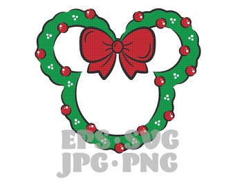Pode incluir: Uma guirlanda de Natal verde em forma de orelhas do Mickey Mouse com bagas vermelhas e um laço vermelho.